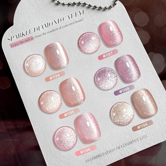 RARJSM Nude Cat Eye Gel Polish Set 6 Pcs Sparkle Diamond Glitter Sheer Purple Soft Pink Chanpagne Gold Velvet Ice Jelly Glass Cateye Gelpolish with Magnet Stick UV LED Curing Requires Home Manicure-Velvo Beauty