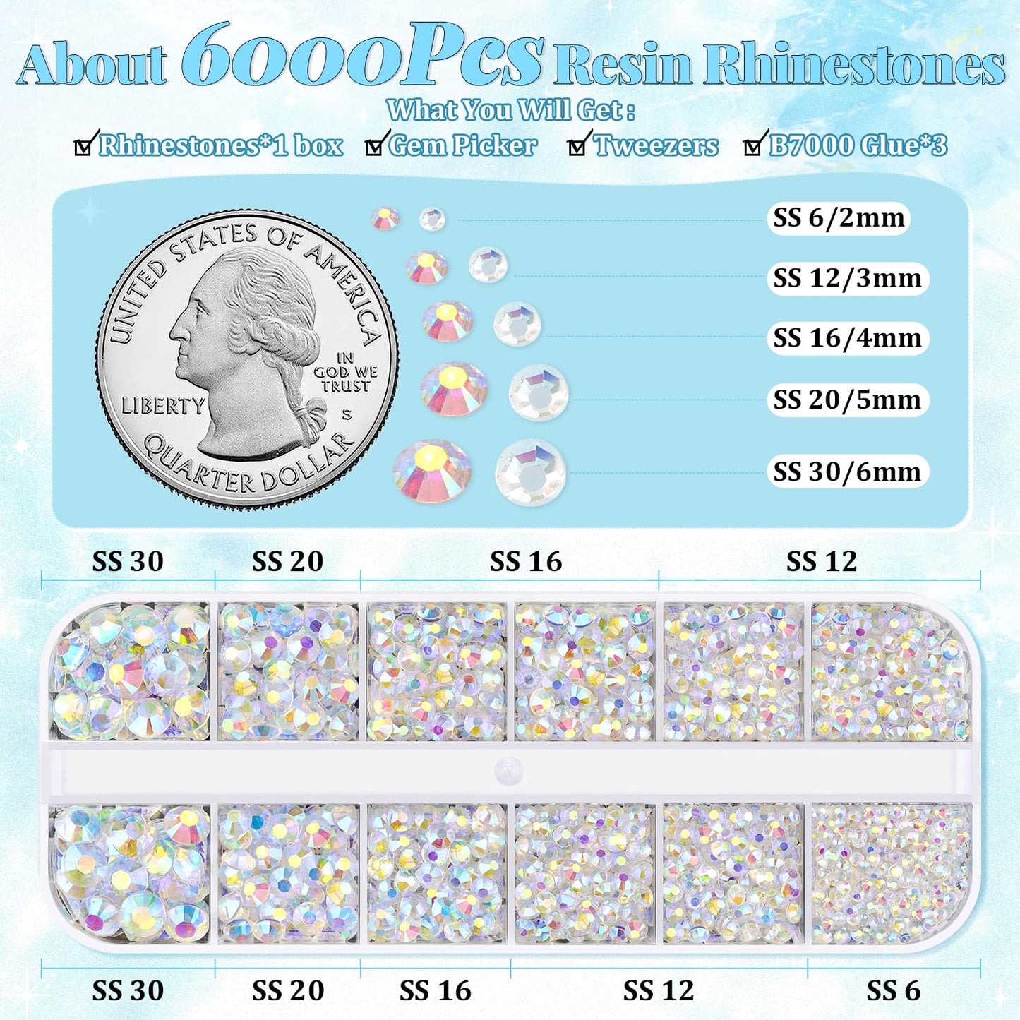 6000Pcs Resin Rhinestones for Bedazzling with 3Pcs B7000 Jewelry Glue, 1 Box Transparent AB Flatback Rhinestones for Crafting Crafts DIY, Crystals Gems for Clothing Shoes Tumblers Nail Art Makeup-Velvo Beauty