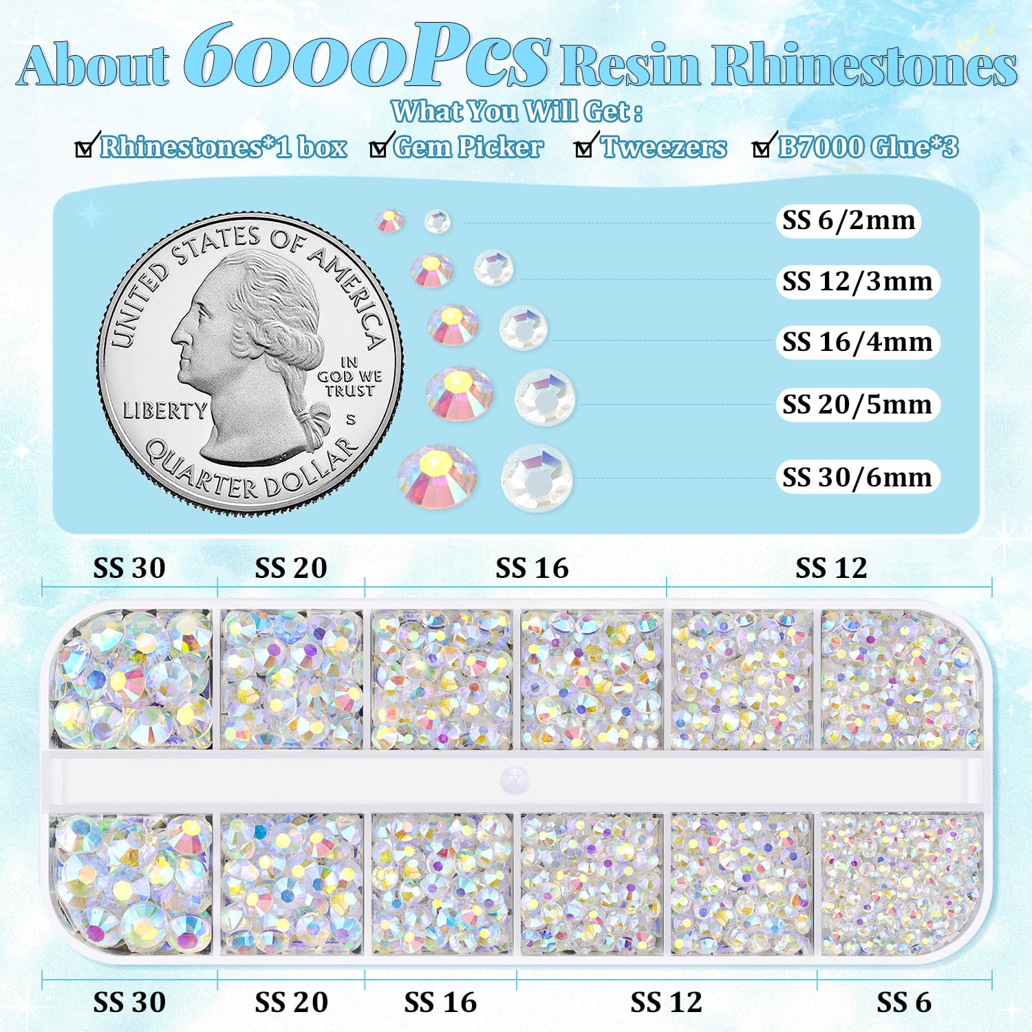 6000Pcs Resin Rhinestones for Bedazzling with 3Pcs B7000 Jewelry Glue, 1 Box Transparent AB Flatback Rhinestones for Crafting Crafts DIY, Crystals Gems for Clothing Shoes Tumblers Nail Art Makeup-Velvo Beauty