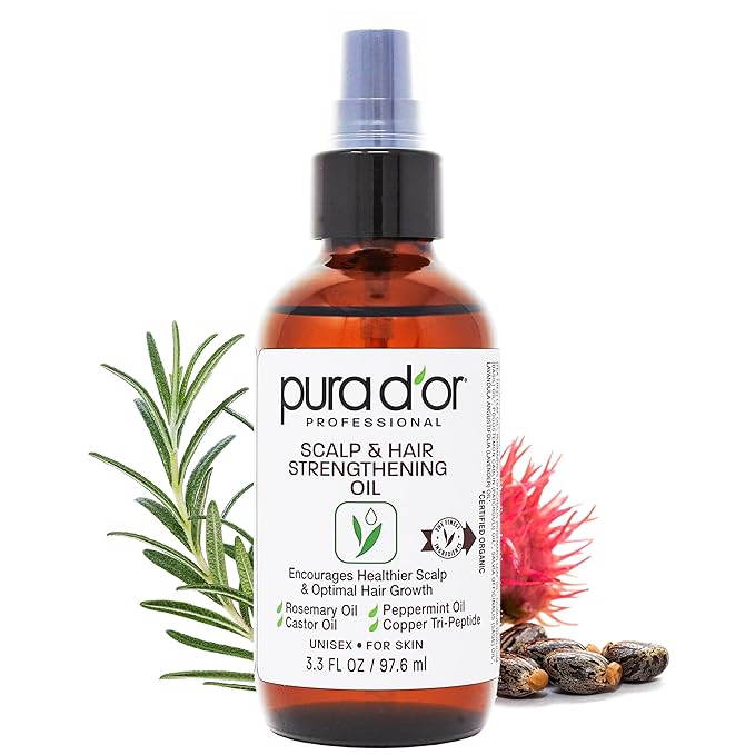 PURA D'OR 3.3 Oz Scalp & Hair Strengthening Oil - Supports Optimal Growth, Reduce Breakage, Nourish Roots for Healthier, Fuller, Thicker Hair - Rosemary, Castor & Peppermint Oil for Stronger Strands-Velvo Beauty