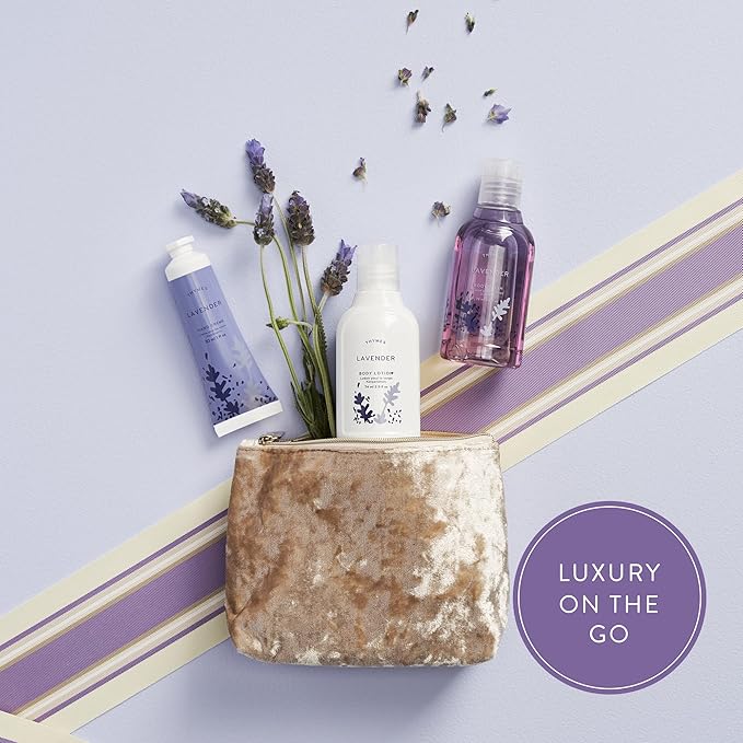 Thymes Travel Set and Beauty Bag - Contains Body Wash, Body Lotion & Hand Cream - Lavender-Velvo Beauty