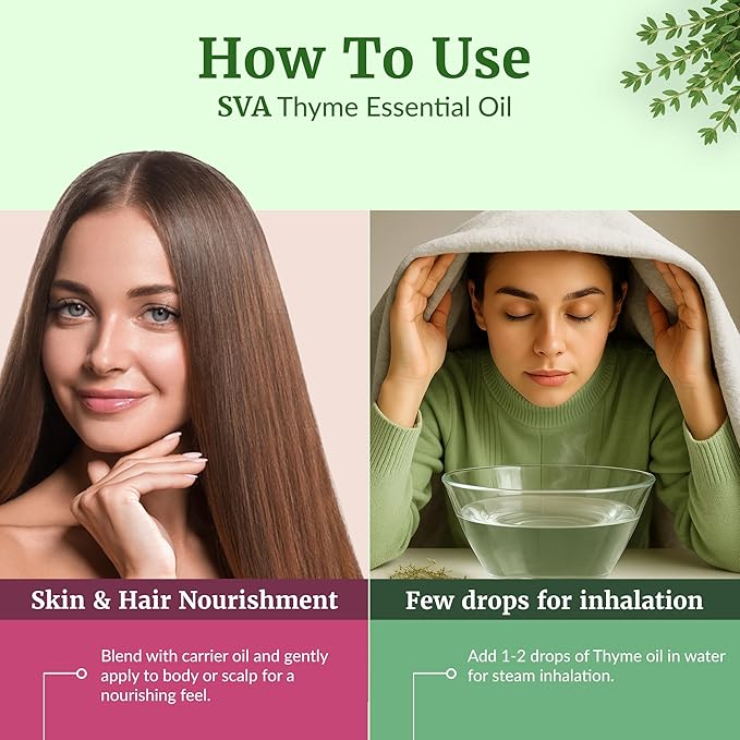 SVA Thyme Essential Oil – 4 Fl Oz – 100% Natural Thyme Oil - for Diffuser, Hair Care, Face, Skin Care, Aromatherapy, Scalp and Body Massage, Soap and Candle Making – with Dropper-Velvo Beauty