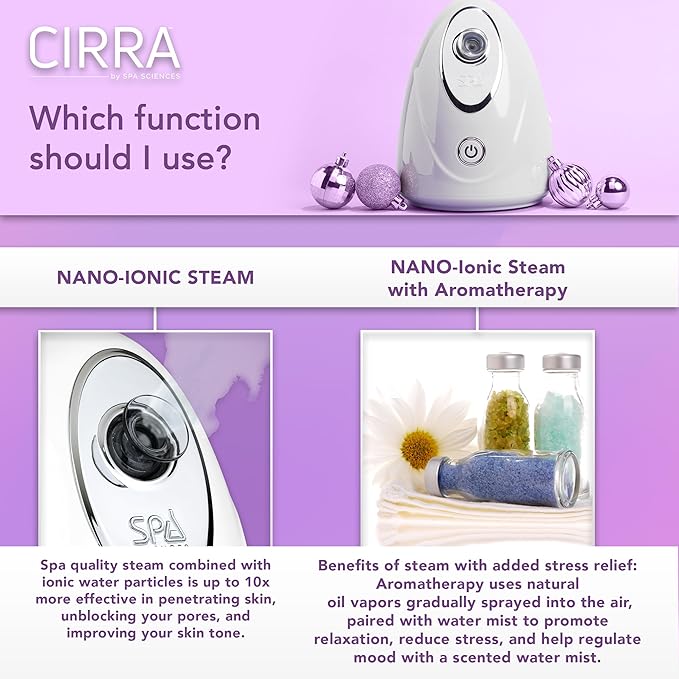 Spa Sciences - CIRRA - Nano Ionic Facial Steamer with UVC Sanitizing Protection, Aromatherapy Function, Detox Pores, and Boost Circulation - Includes an Essential Oil Basket-Velvo Beauty