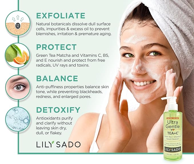 LILY SADO TEA+C™ Green Tea & Vitamin C Face Cleanser – Natural Vegan Antioxidant Daily Face Wash with Aloe, Rosehip, Meadowfoam - Gentle Deep Cleansing for Acne, Blackheads, Blemishes. 8 oz-Velvo Beauty