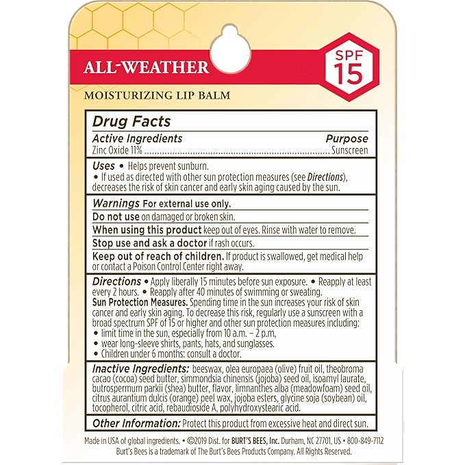Burt's Bees All Weather SPF 15 Lip Balm, Water-Resistant Lip Moisturizer, Tint-Free, Natural Conditioning Lip Treatment, 1 Tube, 0.15 oz.-Velvo Beauty