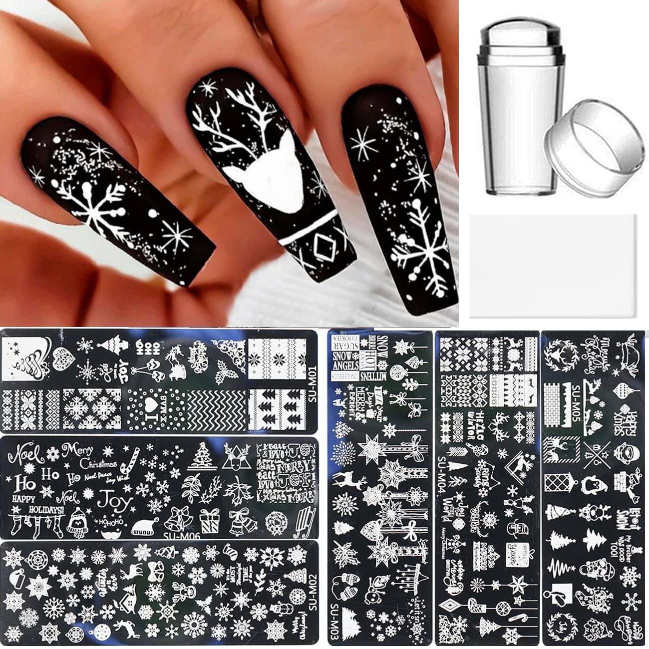 6 Pcs Xmas Christmas Snowflake Nail Stamper Kit with 1 Stamper 1 Scraper, DIY Nail Art Stencil Plates Set-Velvo Beauty