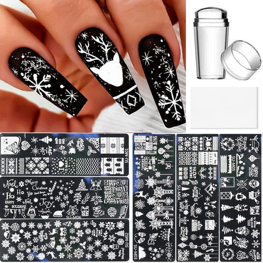 6 Pcs Xmas Christmas Snowflake Nail Stamper Kit with 1 Stamper 1 Scraper, DIY Nail Art Stencil Plates Set-Velvo Beauty