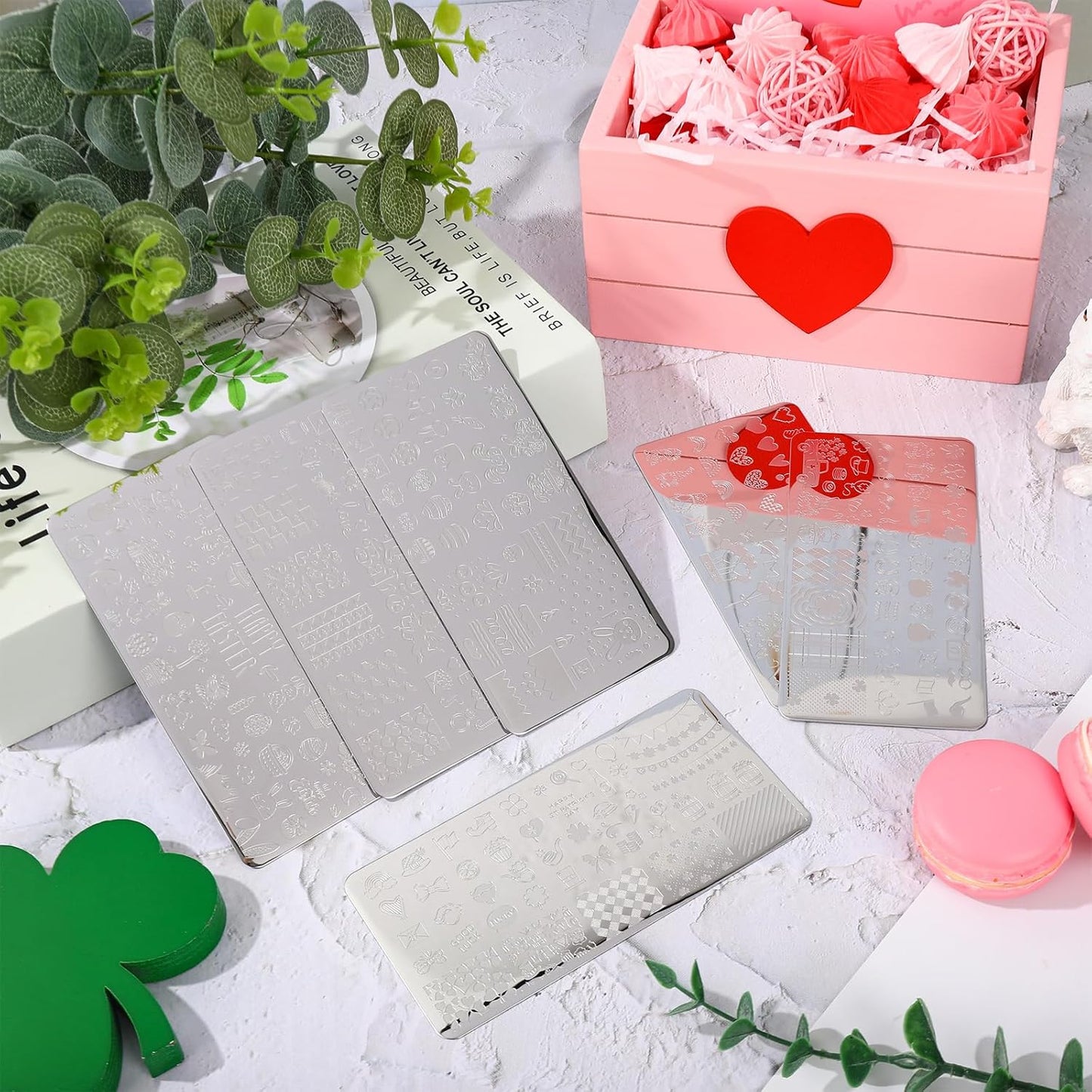 Whaline 6Pcs Valentine's Day St. Patrick's Day Easter Nail Plates Stamping Set Heart Shamrock Egg Stamp Templates Nail Art Plates for DIY Print Manicure Salon Design-Velvo Beauty