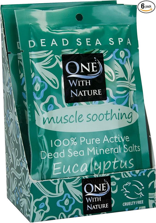 One With Nature 100% Pure Dead Sea Salt for Bath Eucalyptus, 2.5oz 6Pack. Dead Sea Salt is high in 21 Essential Minerals, Such as Magnesium, Sulfur, Zinc, Potassium. Skin Nourishing and Therapeutic.-Velvo Beauty