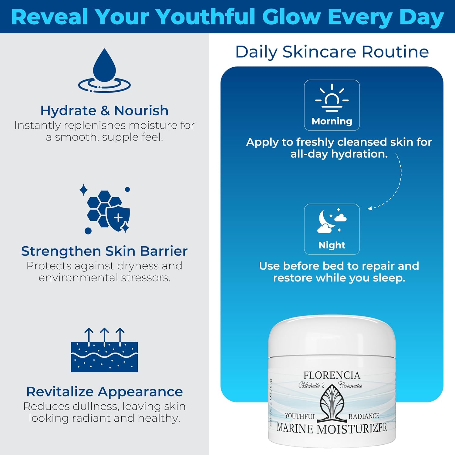 Florencia Marine Moisturizer - Youthful Radiance Face & Neck Cream - Hydrating, Nourishing, Wrinkle, Rejuvenating Cream with Marine Algae Extracts and Hyaluronic Acid for Men & Women, 2 oz-Velvo Beauty