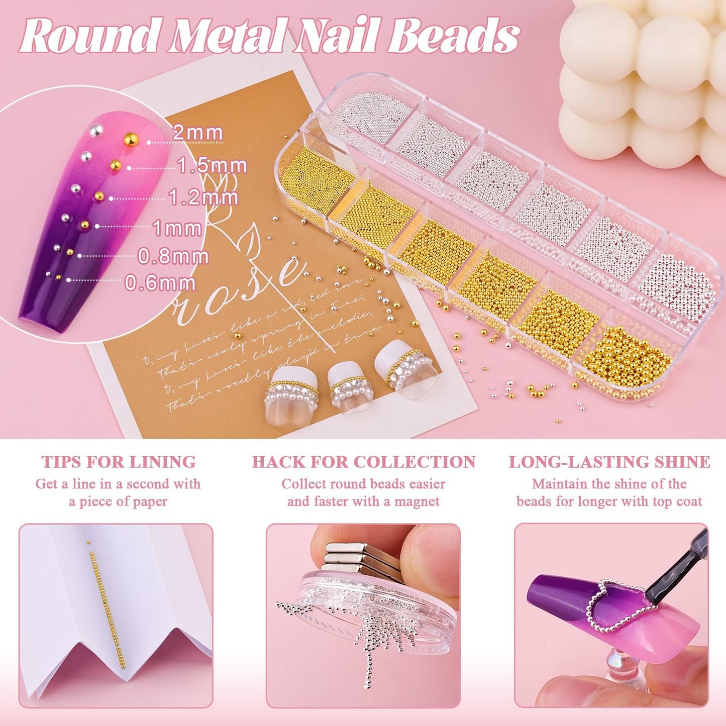2 Boxes Flatback Pearls (White+Beige) And Metal Nail Beads (Silver+Gold) For Nail Art, Luxurious Pearl Nail Charms and Gems and Small Round Caviar Beads Nail Accessories For Acrylic Nail Tips Manicure-Velvo Beauty