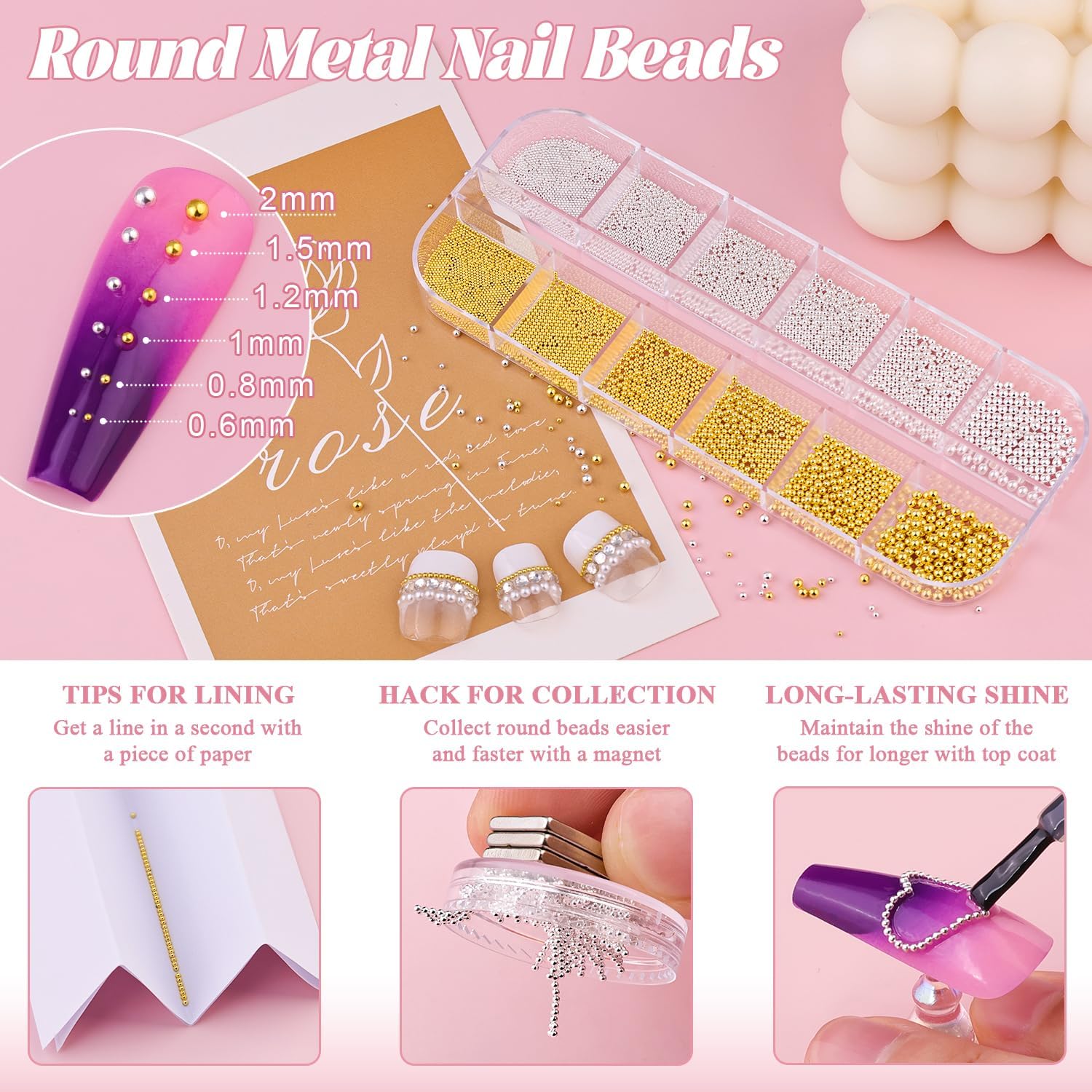 2 Boxes Flatback Pearls (White+Beige) And Metal Nail Beads (Silver+Gold) For Nail Art, Luxurious Pearl Nail Charms and Gems and Small Round Caviar Beads Nail Accessories For Acrylic Nail Tips Manicure-Velvo Beauty