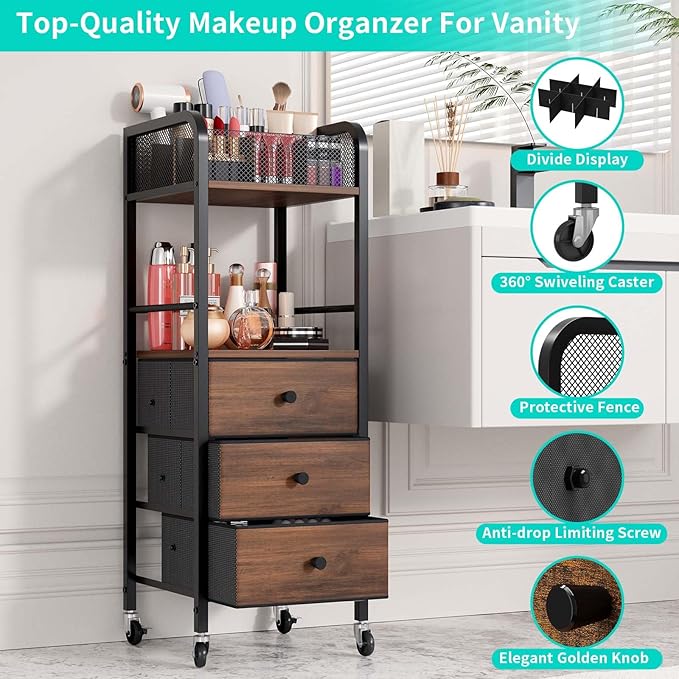 HapiRm Rolling Makeup Cart Organizer - Floor Skincare Make Up Storage with 3 Drawers, Vanity Organizer Cosmetic Display Cases Holder for Skin Care Perfume Nail Polish Brush Hair Tool-Velvo Beauty