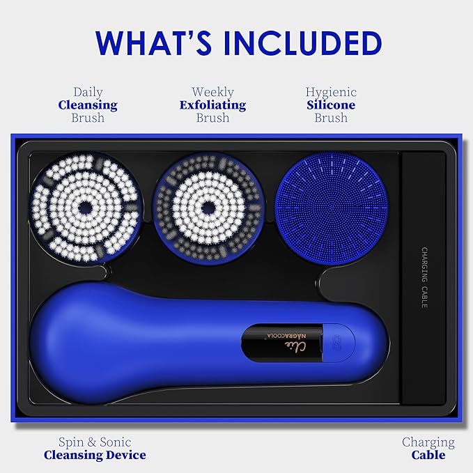 Premium Face Scrubber, Deep Pore Cleansing Brush, Waterproof & Rechargeable Face Scrub Brush for Men& Women, Electric Facial Exfoliator with 3 Brushes, 3 Intensities, 2 Modes with Eye Rollor - Azure-Velvo Beauty