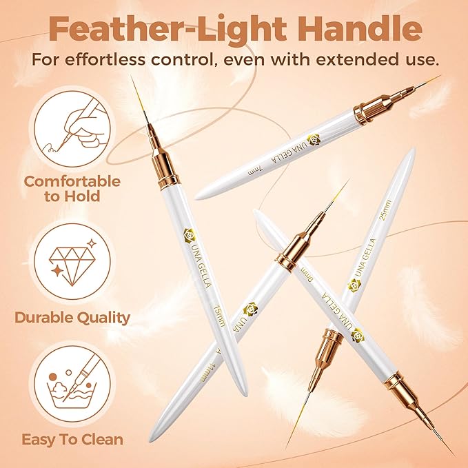 UNA GELLA Nail Art Brushes Metallic, Liner Pens Set For Nail Art Gel Polish, 5Pcs White Color, Detail Nail Art Design Painting Brush Set For Nails Gel Fine Drawing Nail Tools, Sizes 7/9/11/15/25mm-Velvo Beauty