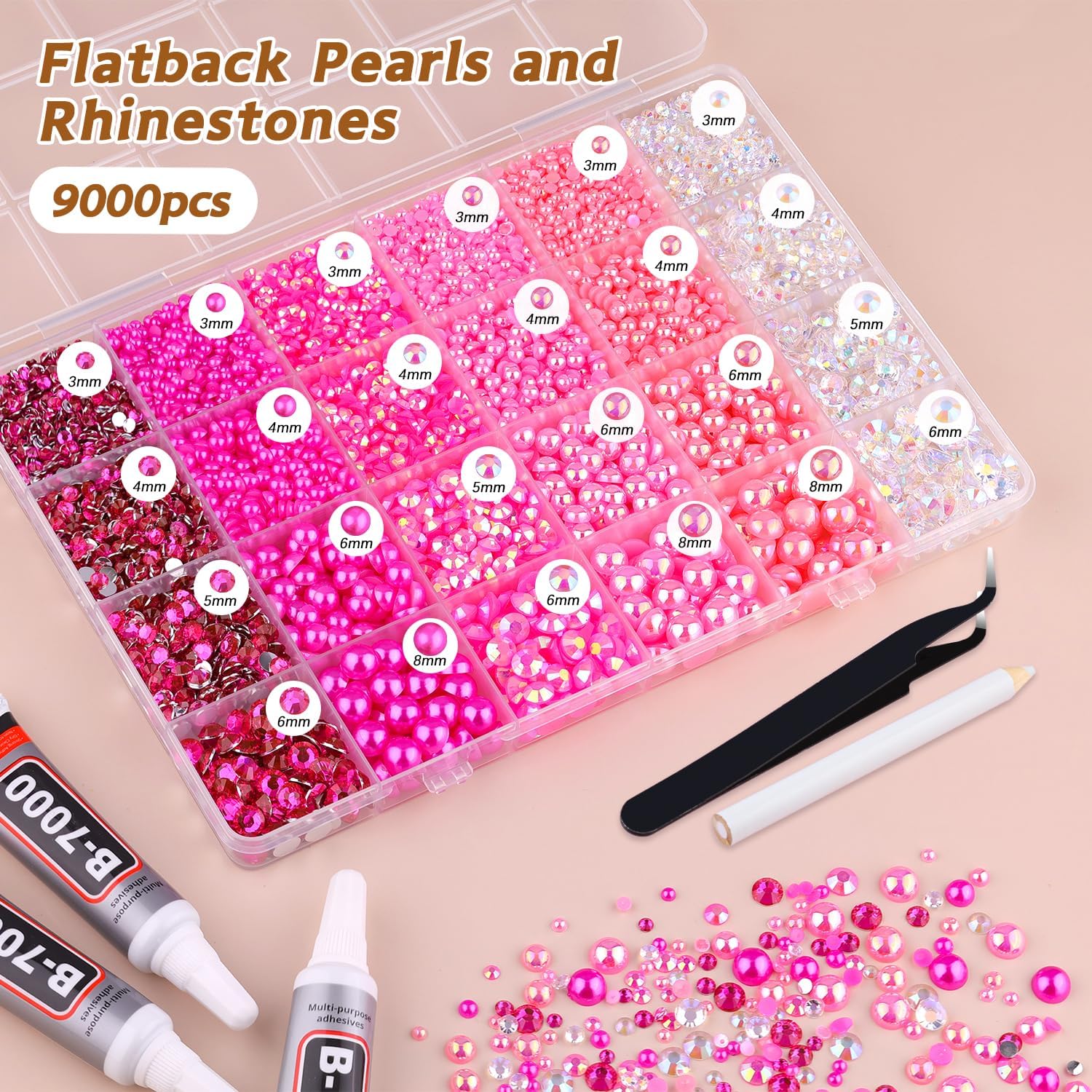 9000PCS Flatback Pearls and Rhinestones for Crafting, Dark Pink 3-10mm Resin Rhinestones and Half Pearls for Bedazzling, Nail Art and Dec with 3pcs B7000 Jewelry Glue, Tweezer and Pickup Pencil-Velvo Beauty