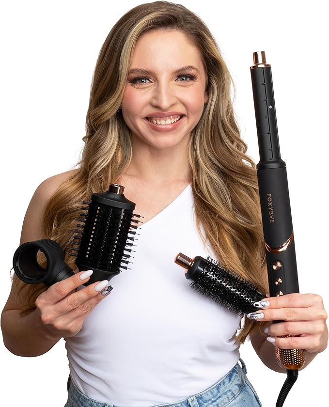 FoxyBae Super Styler Pro Interchangeable 5 in 1 Hair Styler Wand Curling Iron Set - w/Drying Cylinder, Ceramic Blowout & Round Brushes, 2 Auto-Wrap Curlers - Frizz-Free, Smooth Hair [Black Rose-Gold]-Velvo Beauty