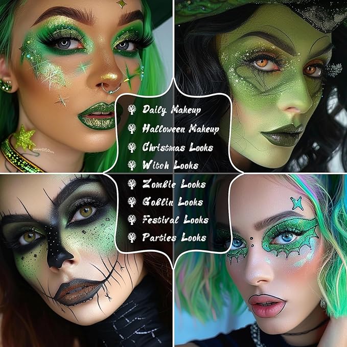 UCANBE Green Eyeshadow Makeup Palette, 15 Colors Bright Dark Green Shimmer Matte Metallic Glitter Eye Shadow, Forest Emerald Lime Pallet Kit for Cosplay Parties Christmas Halloween SFX-Velvo Beauty