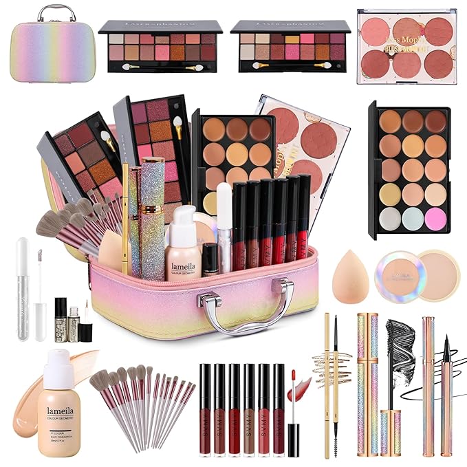 Makeup Kit for Women Full Kit, Travel Makeup Kit, Makeup Gift Set for Teens Girls Beginners Professionals, Makeup Bundle Include 2 Matte & Glitter Eyeshadow Palettes, Lip Gloss Set-Velvo Beauty