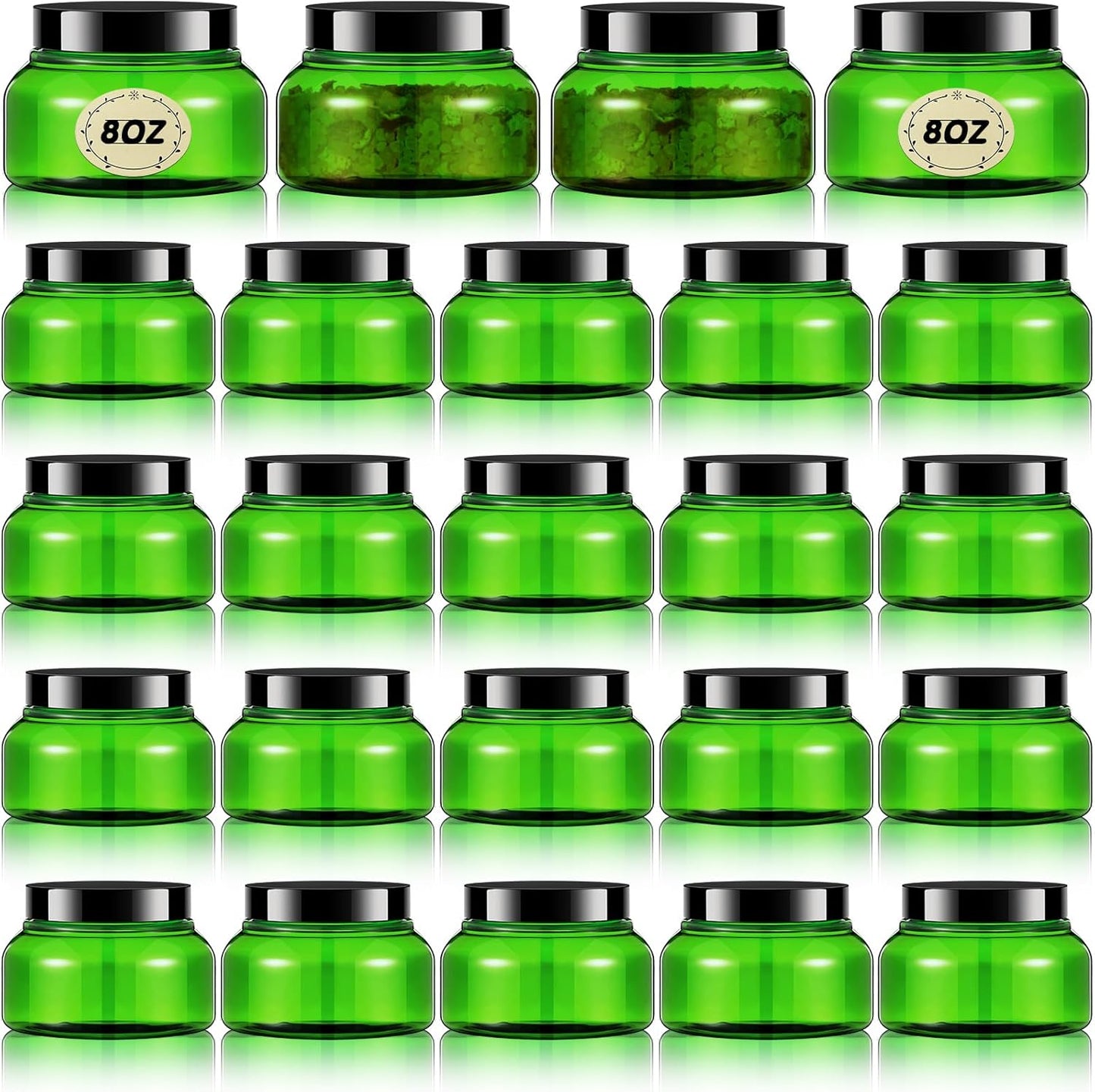 Tessco 24 Pack Plastic Jars with Lids Labels Empty Clear Plastic Jars Round Refillable Cosmetic Containers Body Butter Containers Bulk Sugar Scrub Bottle for Make Up(8 oz,Green, Black)-Velvo Beauty