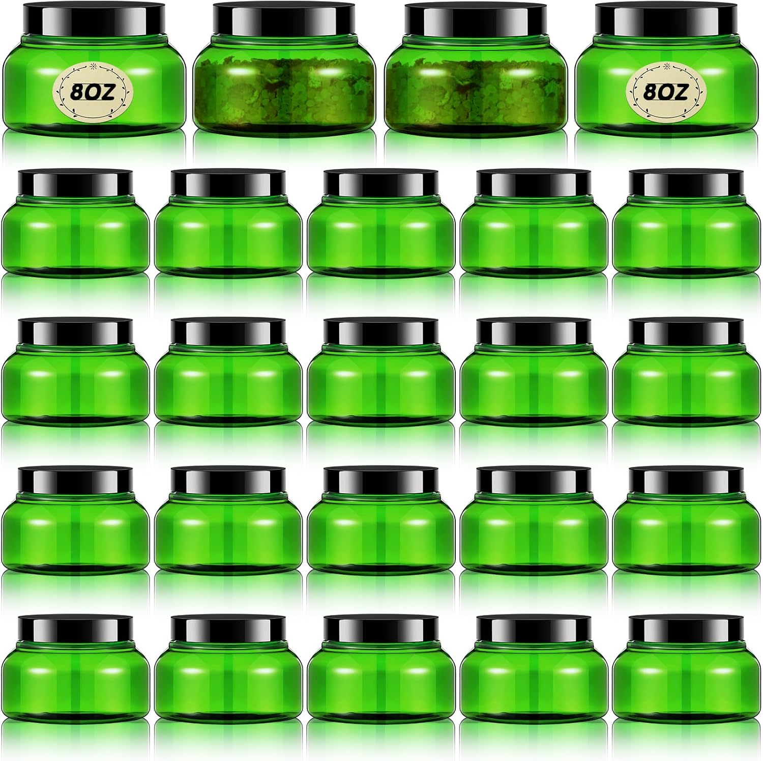 Tessco 24 Pack Plastic Jars with Lids Labels Empty Clear Plastic Jars Round Refillable Cosmetic Containers Body Butter Containers Bulk Sugar Scrub Bottle for Make Up(8 oz,Green, Black)-Velvo Beauty