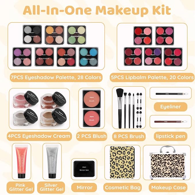 Anpro All-In-One Leopord Double Folding Makeup Carry Case with Pro Teen Makeup Set, Full Starter Kit with Makeup Brushes, Lipsticks, Eyeshadow Palette, Blushes, Glitter Gel, Ideal Present for Girls-Velvo Beauty