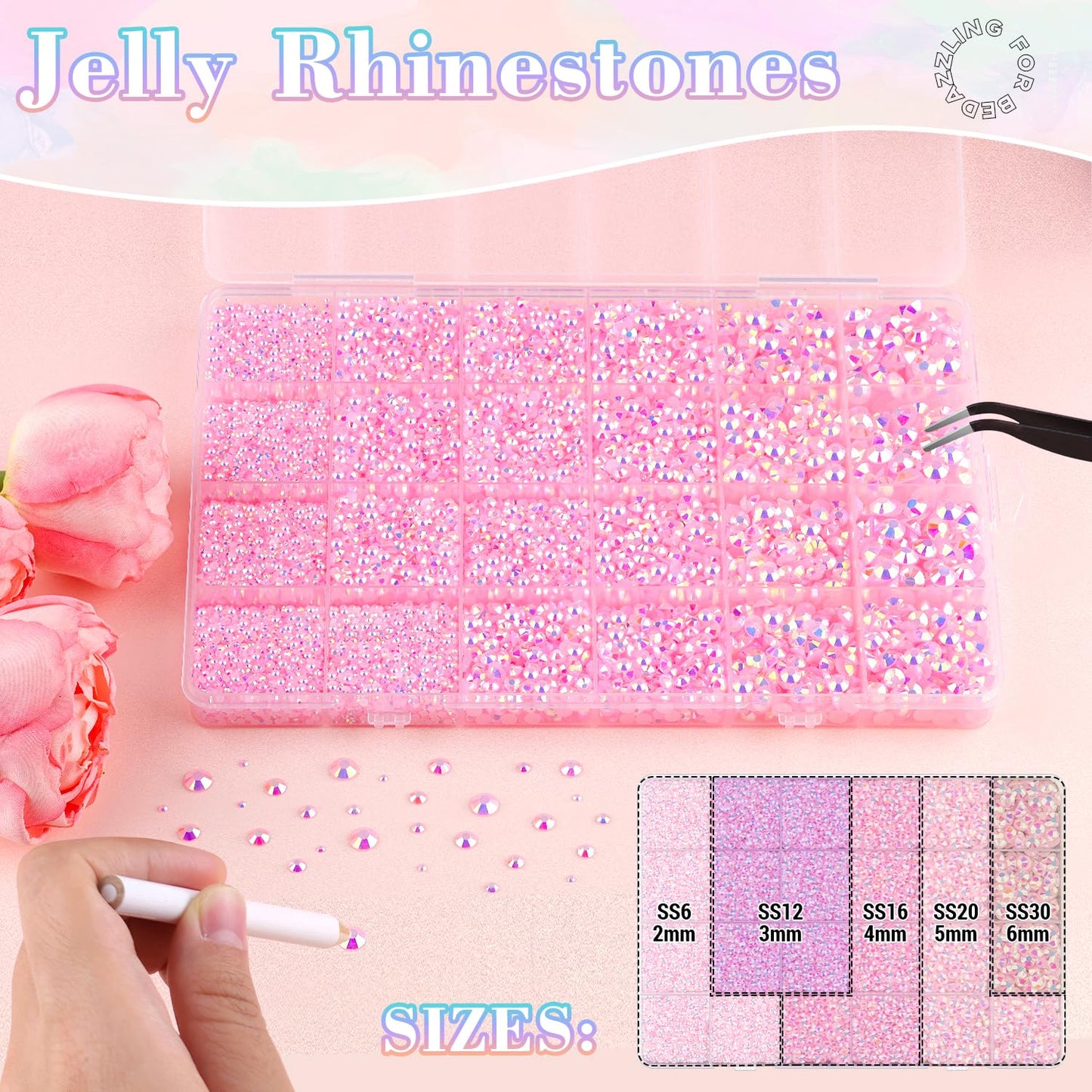 25000Pcs Resin Rhinestones with Tweezers for Crafting, 2-6mm Mixed Sizes (Light Pink AB) Non Hotfix Flatback Gems, Bedazzling Crystal for DIY Crafts Clothing Tumblers Mugs Shoes Decor Nail Art-Velvo Beauty