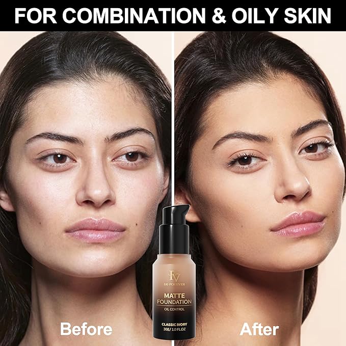 FV Full Coverage Liquid Foundation, Lightweight & Concealing, Long Lasting Matte Foundation Makeup with Flawless Finish, Oil Control Waterproof Foundation for Oily Skin (Classic Ivory Matte)-Velvo Beauty
