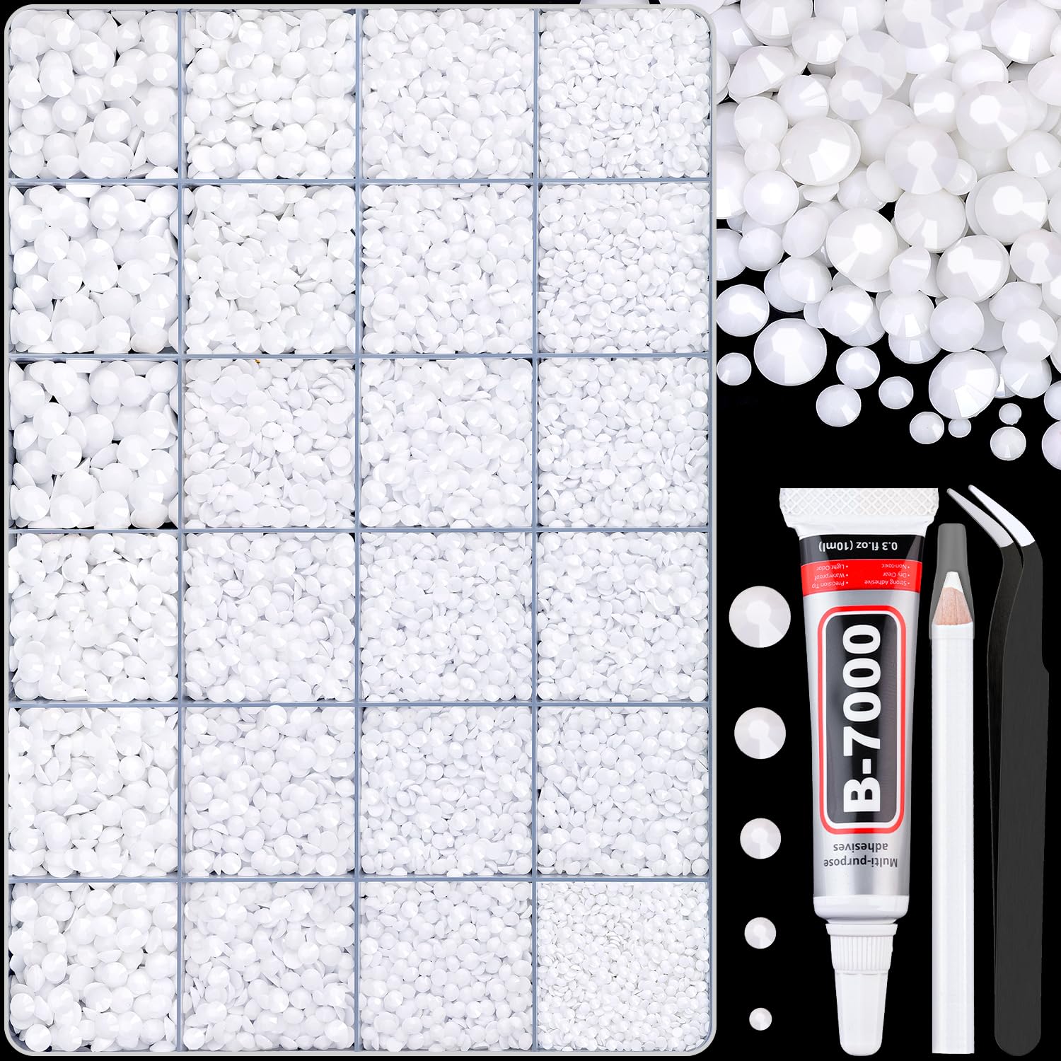30000Pcs White Rhinestones for Bedazzling with B7000 Jewelry Glue, Bedazzler Kit Flatback Gems, Resin Rhinestones for Crafting Crafts Clothing Shoes Fabric Nail Art Assorted Size 2/3/4/5/6mm-Velvo Beauty