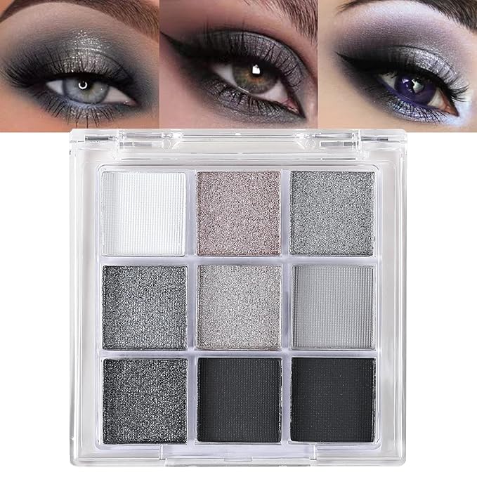 Erinde Black Smokey Gray Silver Eyeshadow Palette, 9 Colors Matte Shimmer Glitter Eye Shadow Makeup Pallet, Highly Pigmented Long Lasting Waterproof, Natural Neutral Shiny Eyeshadow Make Up Palette-Velvo Beauty