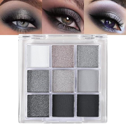 Erinde Black Smokey Gray Silver Eyeshadow Palette, 9 Colors Matte Shimmer Glitter Eye Shadow Makeup Pallet, Highly Pigmented Long Lasting Waterproof, Natural Neutral Shiny Eyeshadow Make Up Palette-Velvo Beauty