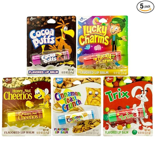 Cereal Flavored Lip Balm Set (5 Pack) Cocoa Puffs, Lucky Charms, Honey Nut Cheerios, Cinnamon Toast Crunch, and Trix-Velvo Beauty