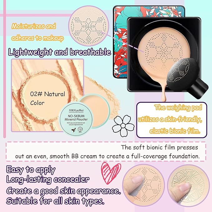 Air Cushion CC Cream Mushroom Head Foundation,Waterproof Long Lasting Loose Setting Powder,Moisturizing BB Cream Liquid Foundation Makeup Primer Concealer Base with Makeup Sponge（4PCS）-Velvo Beauty