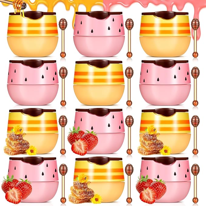 12 Pcs Bee Lip Balm Honey Pot with Brush Propolis Lip Mask Overnight, Moisturizing Hydrating Lip Sleeping Mask Prevention Dry and Cracked(Honey+Strawberry)-Velvo Beauty