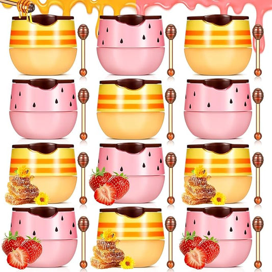 12 Pcs Bee Lip Balm Honey Pot with Brush Propolis Lip Mask Overnight, Moisturizing Hydrating Lip Sleeping Mask Prevention Dry and Cracked(Honey+Strawberry)-Velvo Beauty