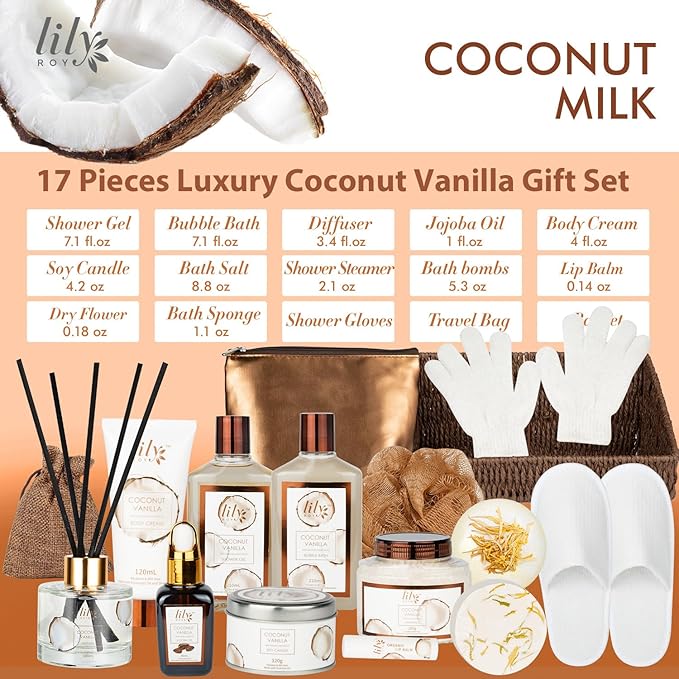 Bath and Body Gift Basket Set for Women - Coconut Vanilla Spa Gift Basket for Women 17-Piece Luxury Bath Gift Set with Shower Gel Self Care Pampering Gifts for Mothers Day, Christmas, Birthday Gifts-Velvo Beauty