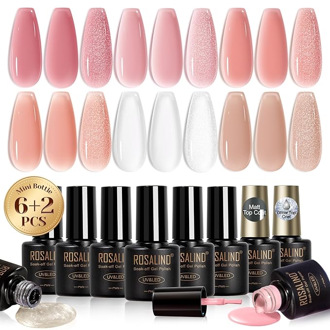 ROSALIND Jelly Gel Polish Set with Matte and Glitter Gel Top Coat, 6 Translucent Colors Neutral Sheer Milky White Nude Pink base Gel Nail Polish set Nail Art DIY at Home-Velvo Beauty
