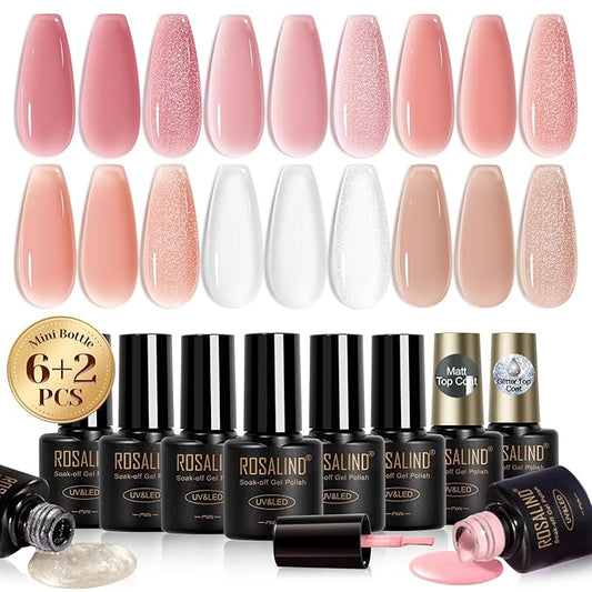ROSALIND Jelly Gel Polish Set with Matte and Glitter Gel Top Coat, 6 Translucent Colors Neutral Sheer Milky White Nude Pink base Gel Nail Polish set Nail Art DIY at Home-Velvo Beauty