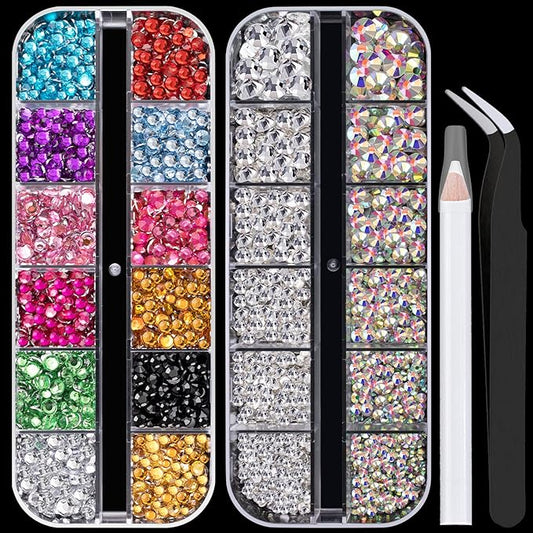 Flat Back Rhinestone Kits Colorful Rhinestones+Crystal AB&Transparent White Gems With Picker Pencil And Tweezer For Home DIY And Professional Nail Art-Velvo Beauty