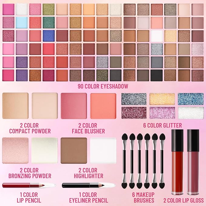 All In One Professional Makeup Kit Include Eyeshadow Palette Blushes Compact Bronzing Highlighter Powder Glitter Lipliner Eyeliner Pencil Brushes with Mirror Make Up Set Christmas Gifts For Women Girl-Velvo Beauty