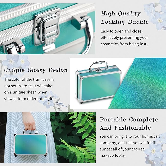 Color Nymph Beginner Makeup Kits For Teens With Train Case Included Full Makeup Kit Eyeshadow Palette Blushes Bronzer Highlighter Lipstick Brushes Mirror (Green)-Velvo Beauty