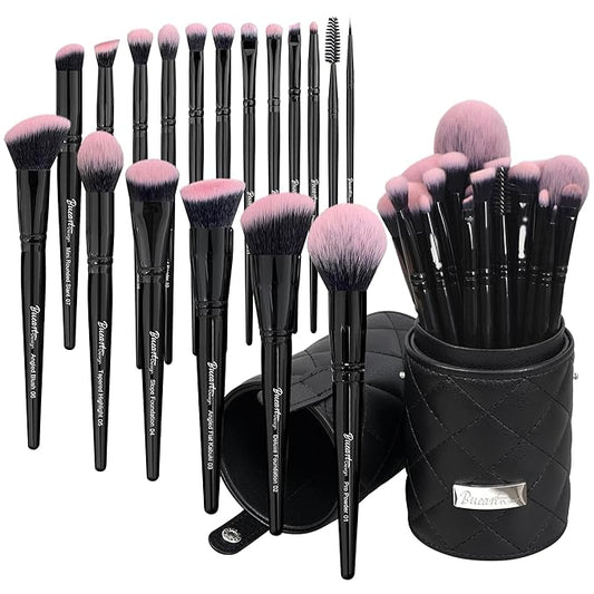 Bueart Design 18Pcs Pro Deluxe Fuchsia Pink Black Makeup Brushes set with Travel Make up Brush Holder case Foundation concealer contour Blush eyeshadow face make up brush set-Velvo Beauty