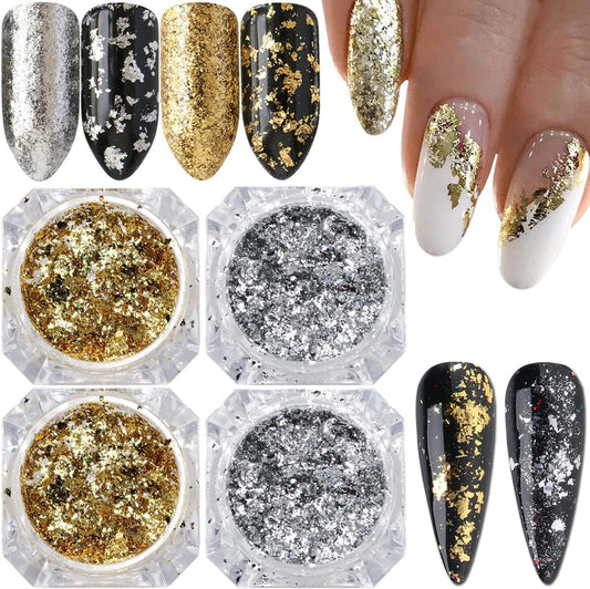 Holographic Nail Foil Glitter Flakes 3D Sparkly Aluminum Foil Flake Gold Silver Nail Glitter Foil Flakes Nail Art Supplies Mirror Powder Sequins Nail Glitter for Acrylic Nails Design (4Boxes)-Velvo Beauty