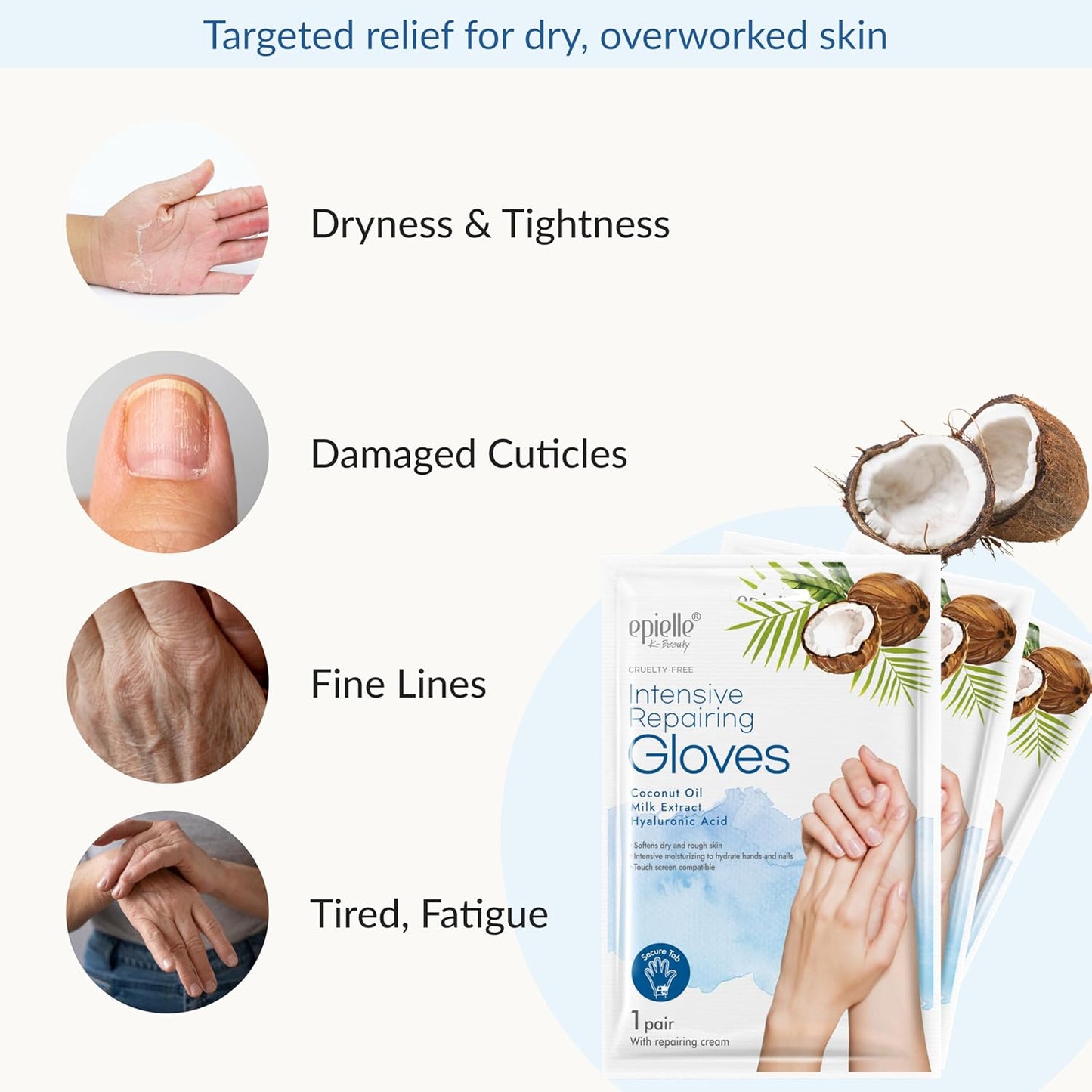 Epielle Intensive Repairing Hand Masks 6 Pairs, Deep Moisturizing Gloves for Dry, Cracked Hands, Repair with Coconut Oil & Milk Extract, Korean Skin Care, Spa Set, Self Care Gifts for Women-Velvo Beauty