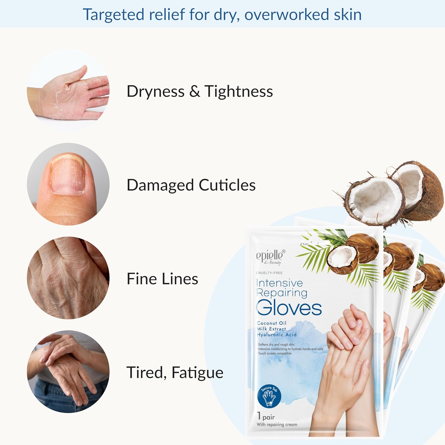 Epielle Intensive Repairing Hand Masks 6 Pairs, Deep Moisturizing Gloves for Dry, Cracked Hands, Repair with Coconut Oil & Milk Extract, Korean Skin Care, Spa Set, Self Care Gifts for Women-Velvo Beauty