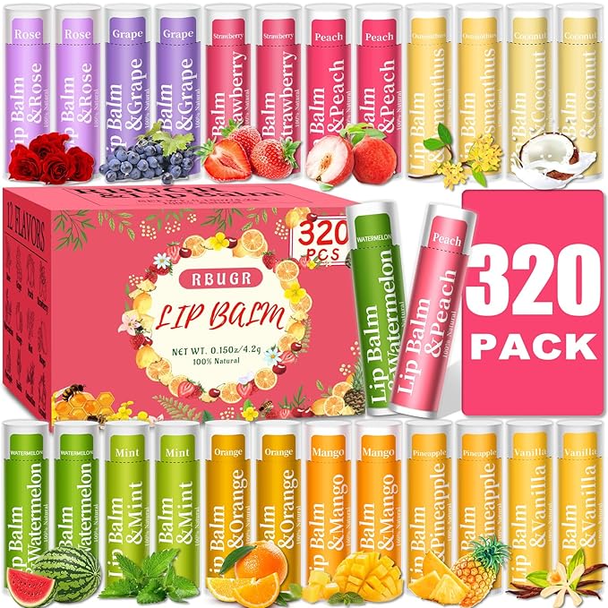 320 Pcs Lip Balm Bulk, 12 Flavored Pack of Lip Balms Natural Lip Balm Pack, Moisturising Organic Lip Balm Set for Cracked Lips, Bulk Gifts Stocking Stuffers Party Favors(4.2g/0.15oz)-Velvo Beauty