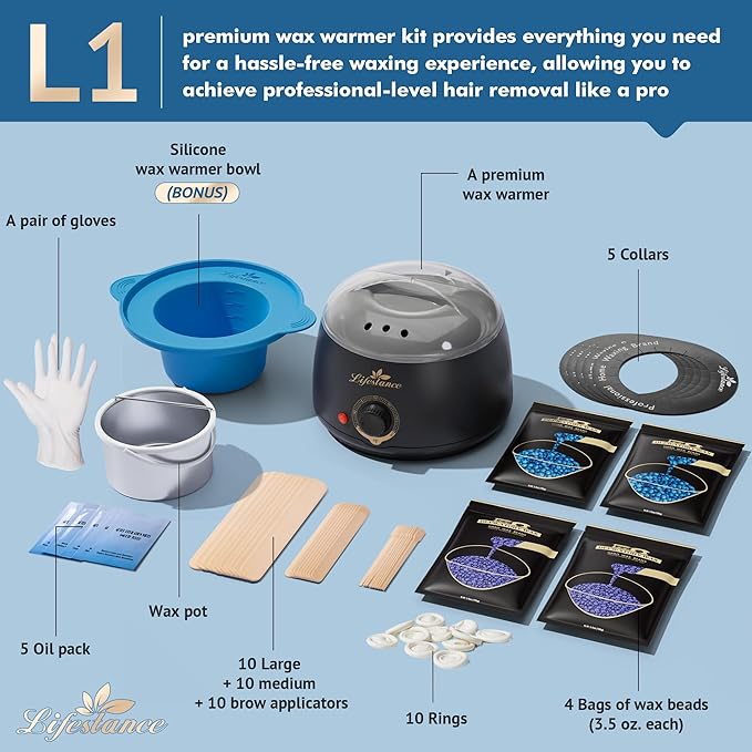 Lifestance Complete Home Waxing Kit, L1 Hard Wax Warmer for Hair Removal, Brazilian Bikini Wax Kit for Women Men, 59 Items, No-Mess Silicone Liner, Wax Heater, Hot Wax Pot for Body Leg Face Eyebrow-Velvo Beauty