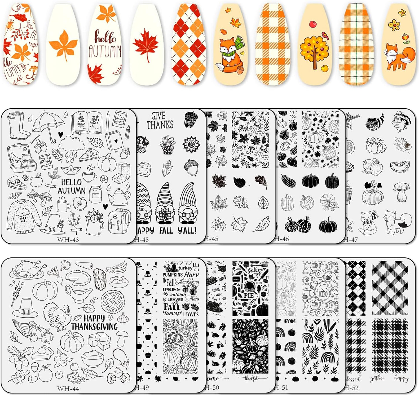 Whaline 10 Sheet Fall Nail Art Stamping Plates Kit Happy Thanksgiving Pumpkins Maple Leaf Gnome Plaid Autumn Blessings Collection Nail Art Plate for Autumn Thanksgiving Nail Art Design DIY Print-Velvo Beauty