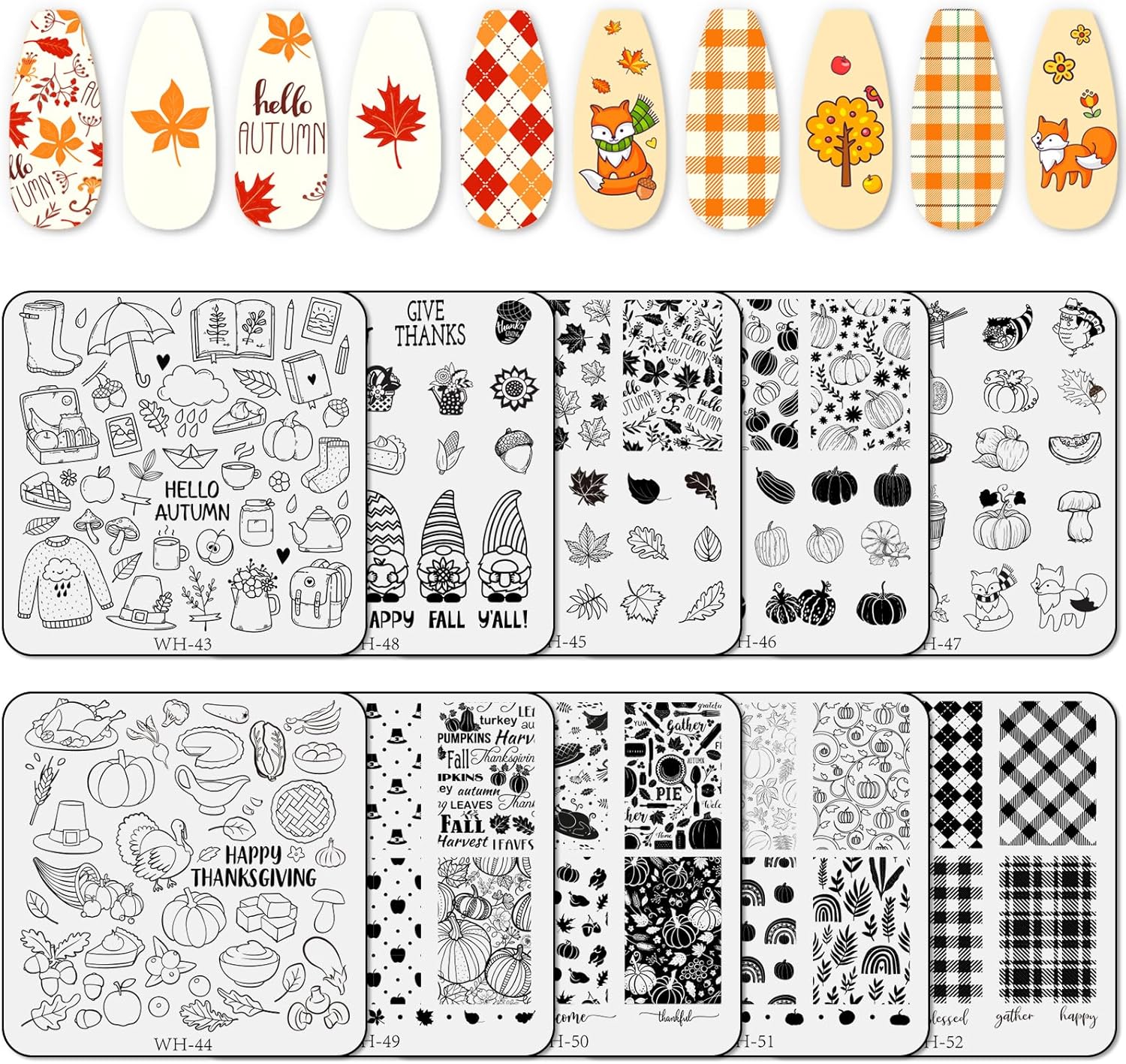 Whaline 10 Sheet Fall Nail Art Stamping Plates Kit Happy Thanksgiving Pumpkins Maple Leaf Gnome Plaid Autumn Blessings Collection Nail Art Plate for Autumn Thanksgiving Nail Art Design DIY Print-Velvo Beauty