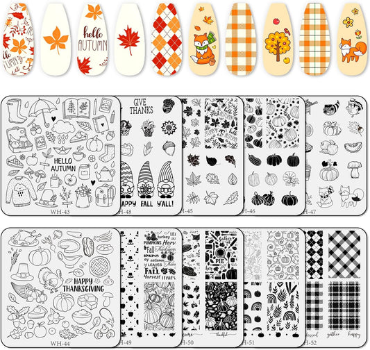 Whaline 10 Sheet Fall Nail Art Stamping Plates Kit Happy Thanksgiving Pumpkins Maple Leaf Gnome Plaid Autumn Blessings Collection Nail Art Plate for Autumn Thanksgiving Nail Art Design DIY Print-Velvo Beauty